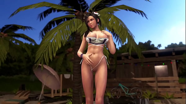 Sporty flirtly Tifa teases you with lowered swimsuit on the summer beach